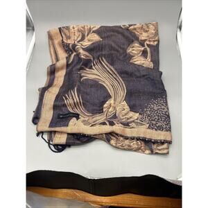 Ama Waterways Navy Blue Beige Tan Large Floral Print Fringe Scarf 28”x74”